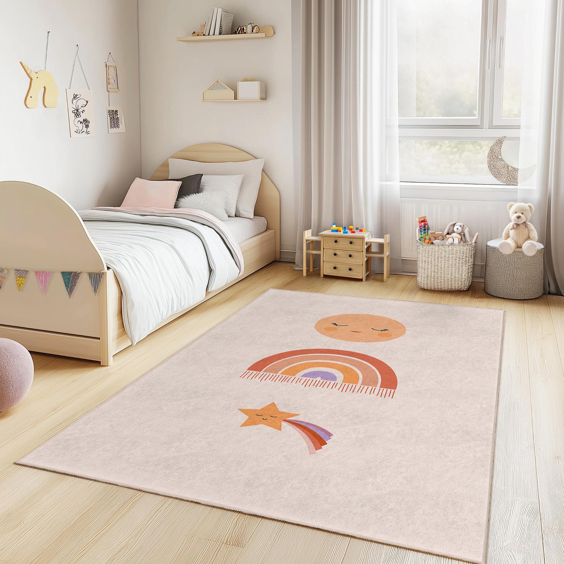 Cute Rainbow and Star Kids Rug, Colorful Nursery Decor, Rectangular Playroom Carpet, Baby Room Area Rug, Soft Childrens Mat