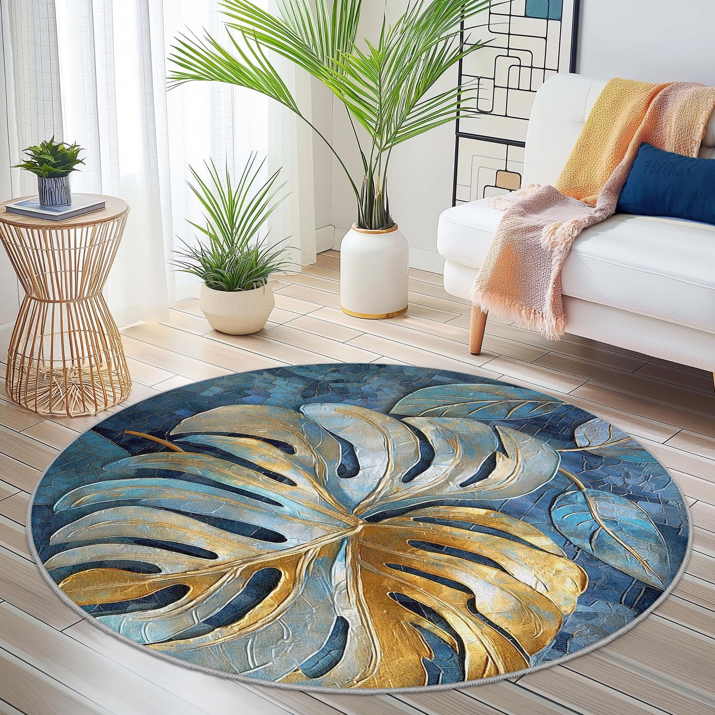 Runder Teppich mit tropischem Blättermuster, Monstera-Blattdesign, eleganter runder Teppich für das Wohnzimmer, Boho-Stil, weicher runder Teppich