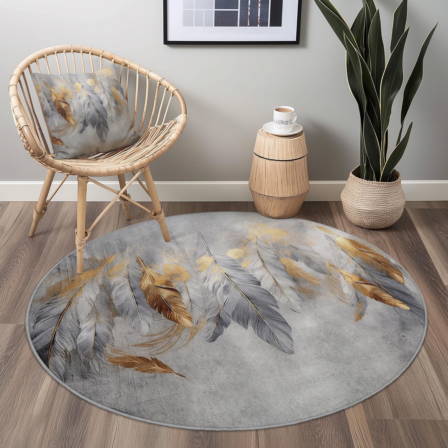 Eleganter runder Teppich mit Federmuster, böhmischer Kreisteppich, dekorative Fußmatte für Wohnzimmer, Schlafzimmer oder Kinderzimmer
