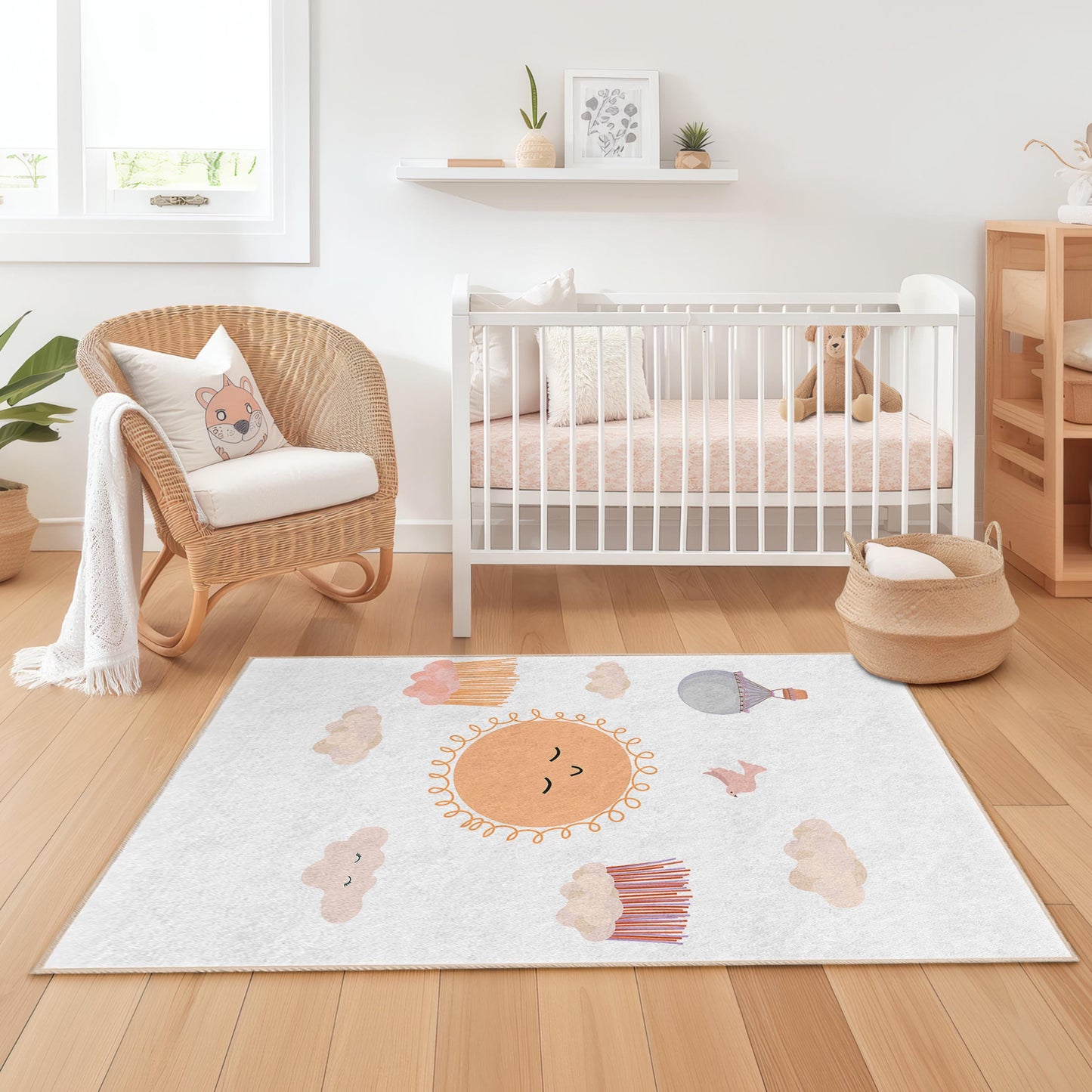 Rechteckiger Kinderteppich „Sonnige Lächeln, bewölkte Träume“, niedliches Sonnen- und Wolkenmotiv, Spielzimmerdekoration, Kinderzimmerteppich