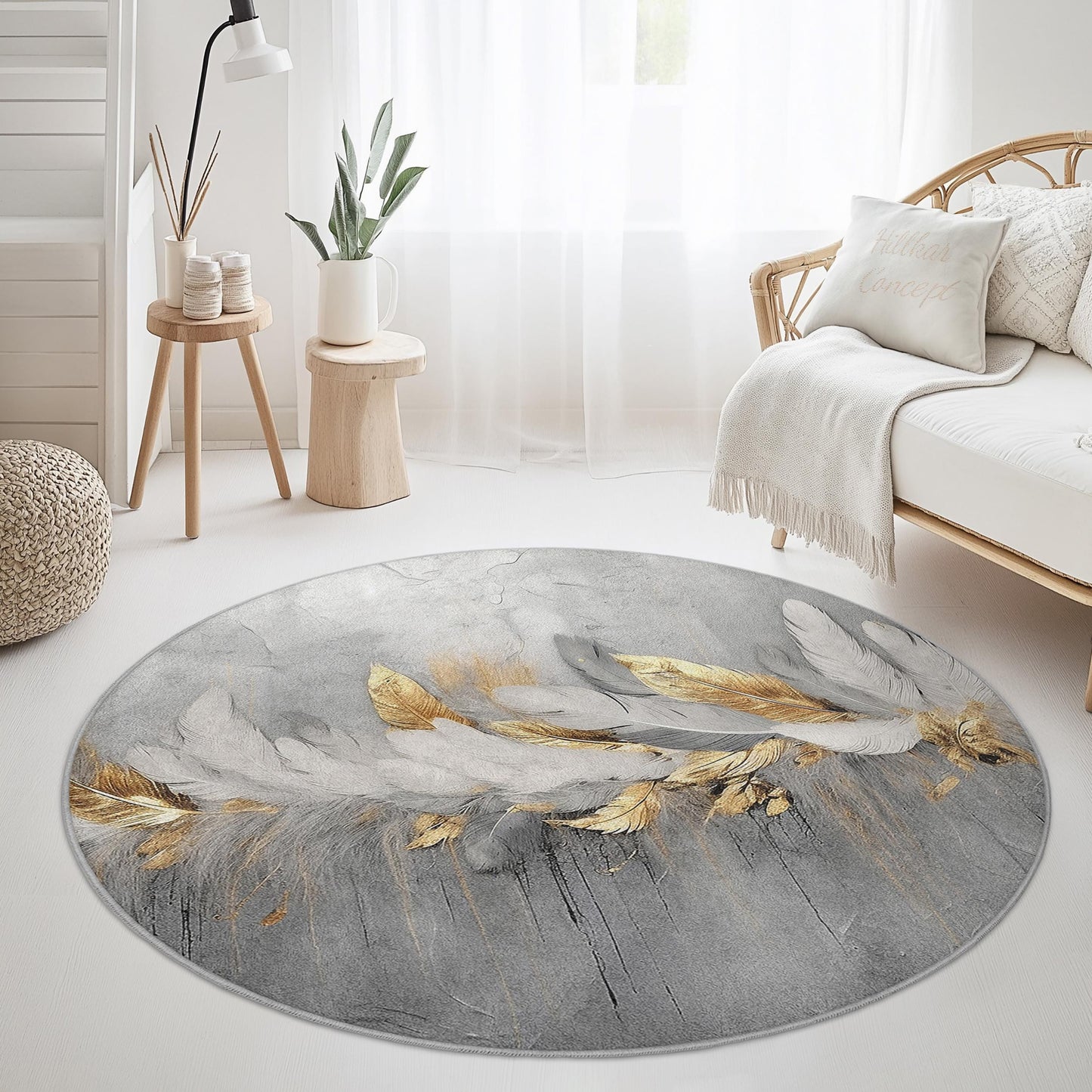 Eleganter runder Teppich mit Federmuster, moderner runder Teppich in Grau und Gold, weicher Wohnzimmerteppich, runde Matte mit Federdruck, dekorativer runder Teppich