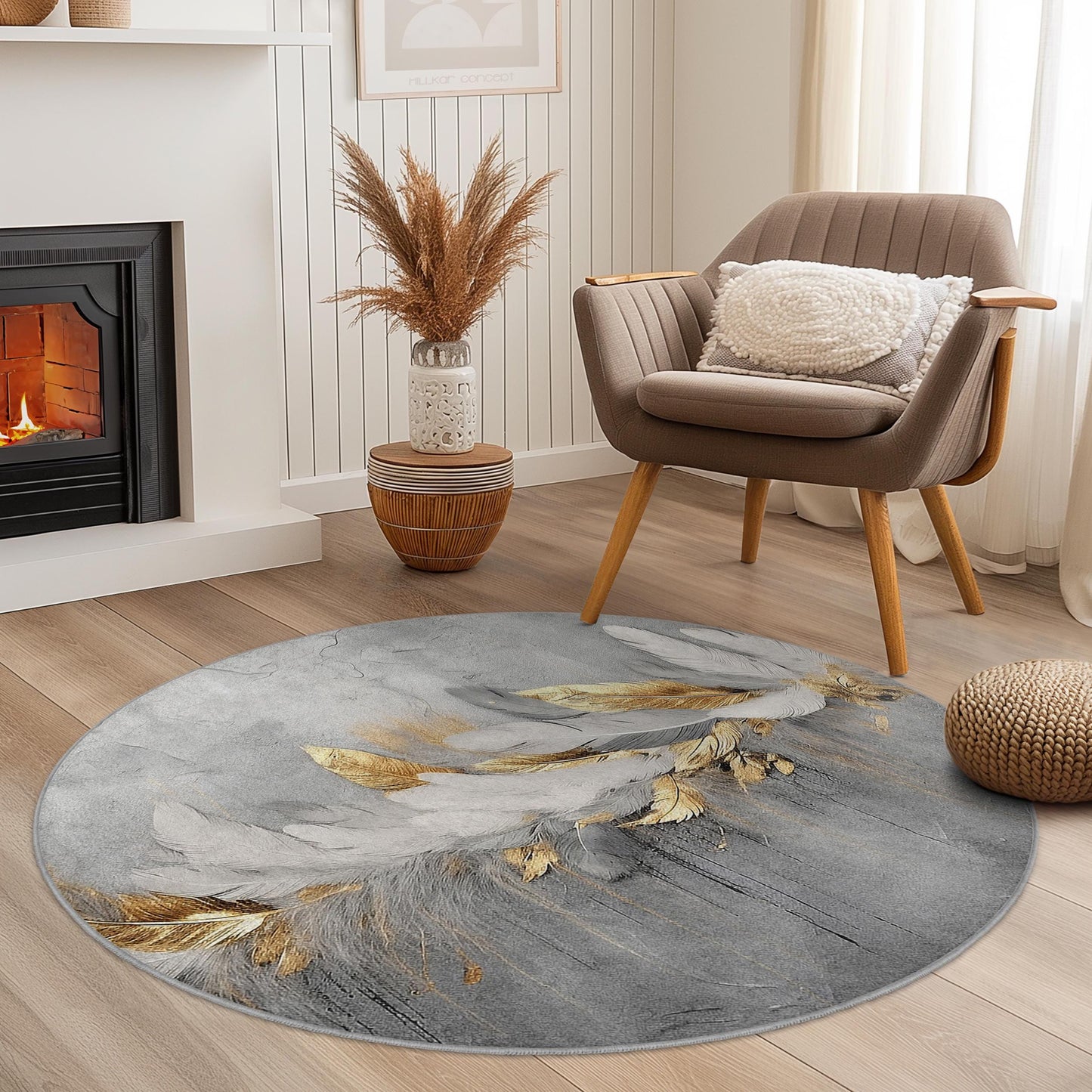 Eleganter runder Teppich mit Federmuster, moderner runder Teppich in Grau und Gold, weicher Wohnzimmerteppich, runde Matte mit Federdruck, dekorativer runder Teppich