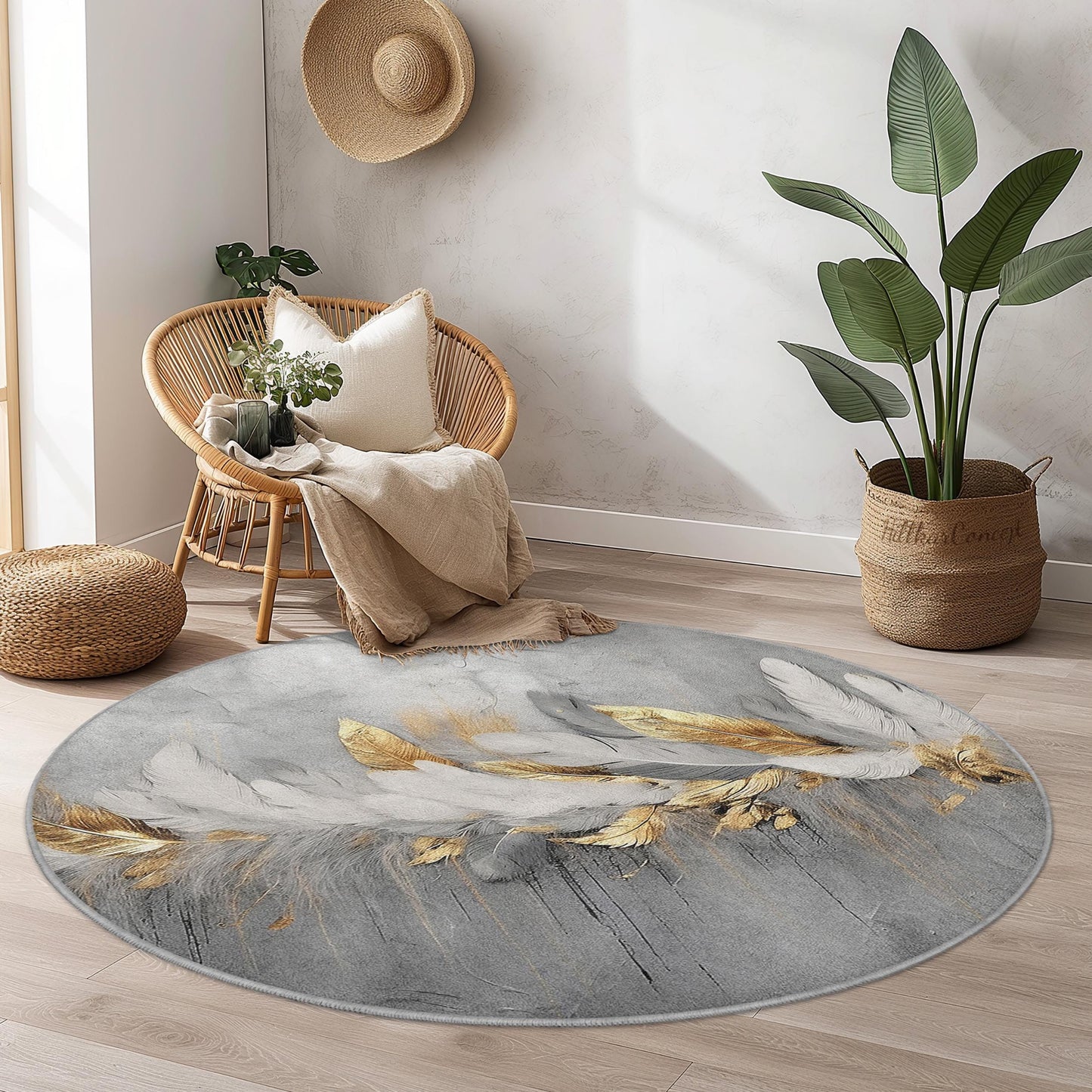 Eleganter runder Teppich mit Federmuster, moderner runder Teppich in Grau und Gold, weicher Wohnzimmerteppich, runde Matte mit Federdruck, dekorativer runder Teppich