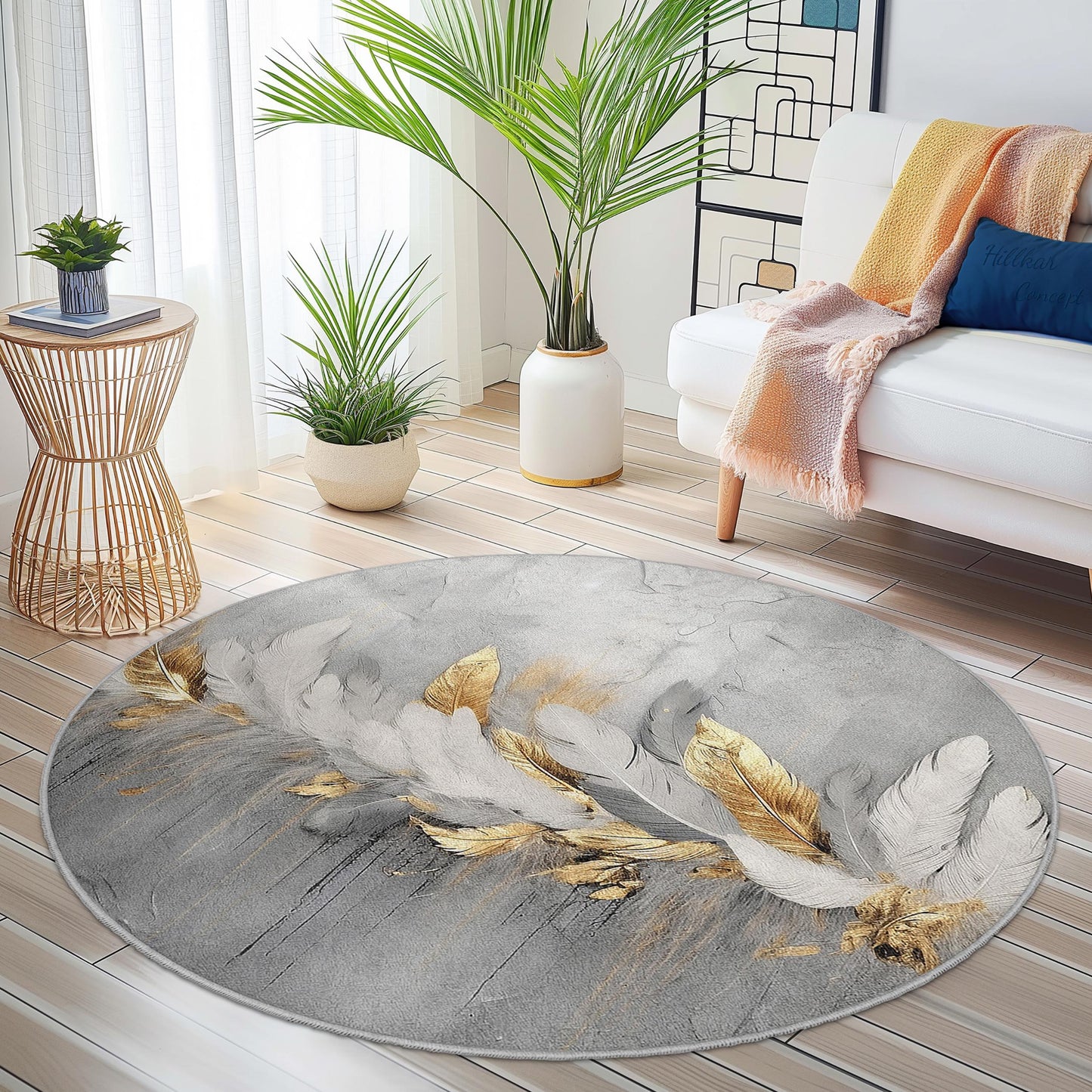 Eleganter runder Teppich mit Federmuster, moderner runder Teppich in Grau und Gold, weicher Wohnzimmerteppich, runde Matte mit Federdruck, dekorativer runder Teppich
