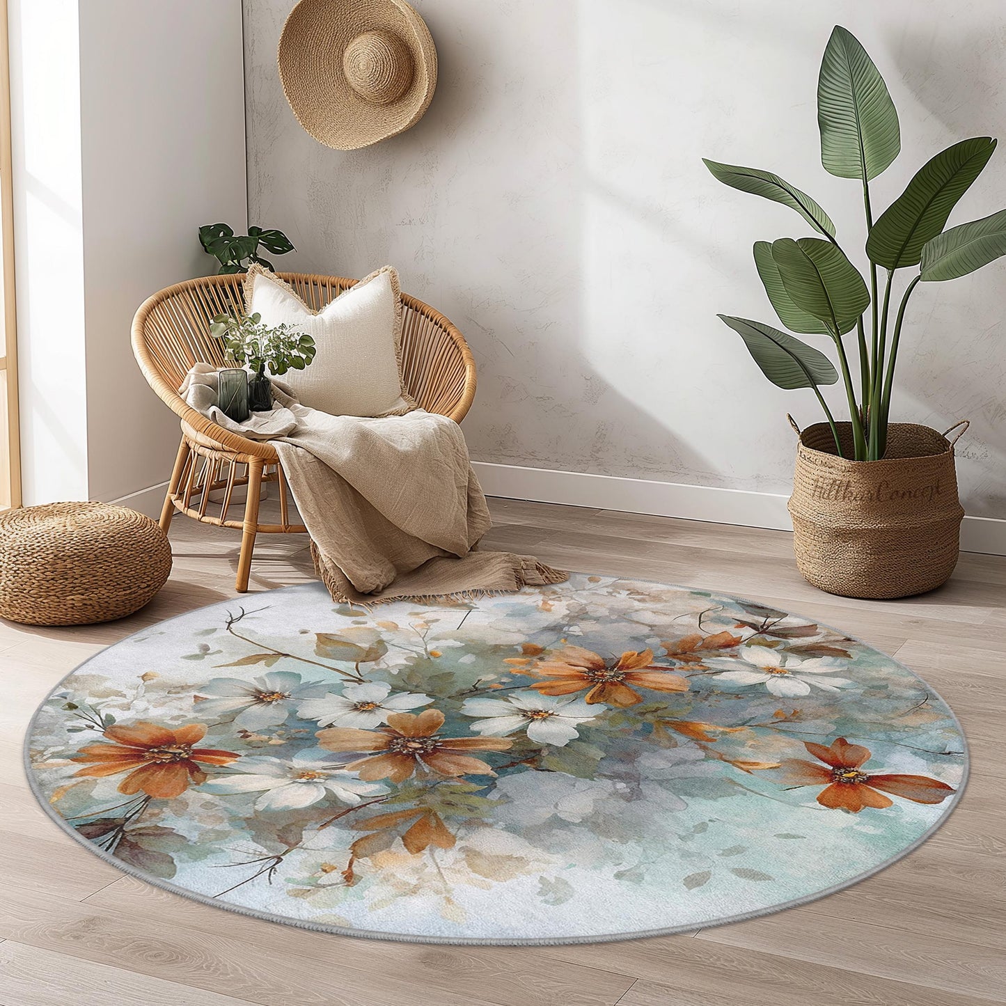 Runder Teppich mit abstraktem Blumenmuster, runder Teppich mit Blumenmuster, Teppich mit botanischem Design für Wohnzimmer, Schlafzimmer, Wohnbereich