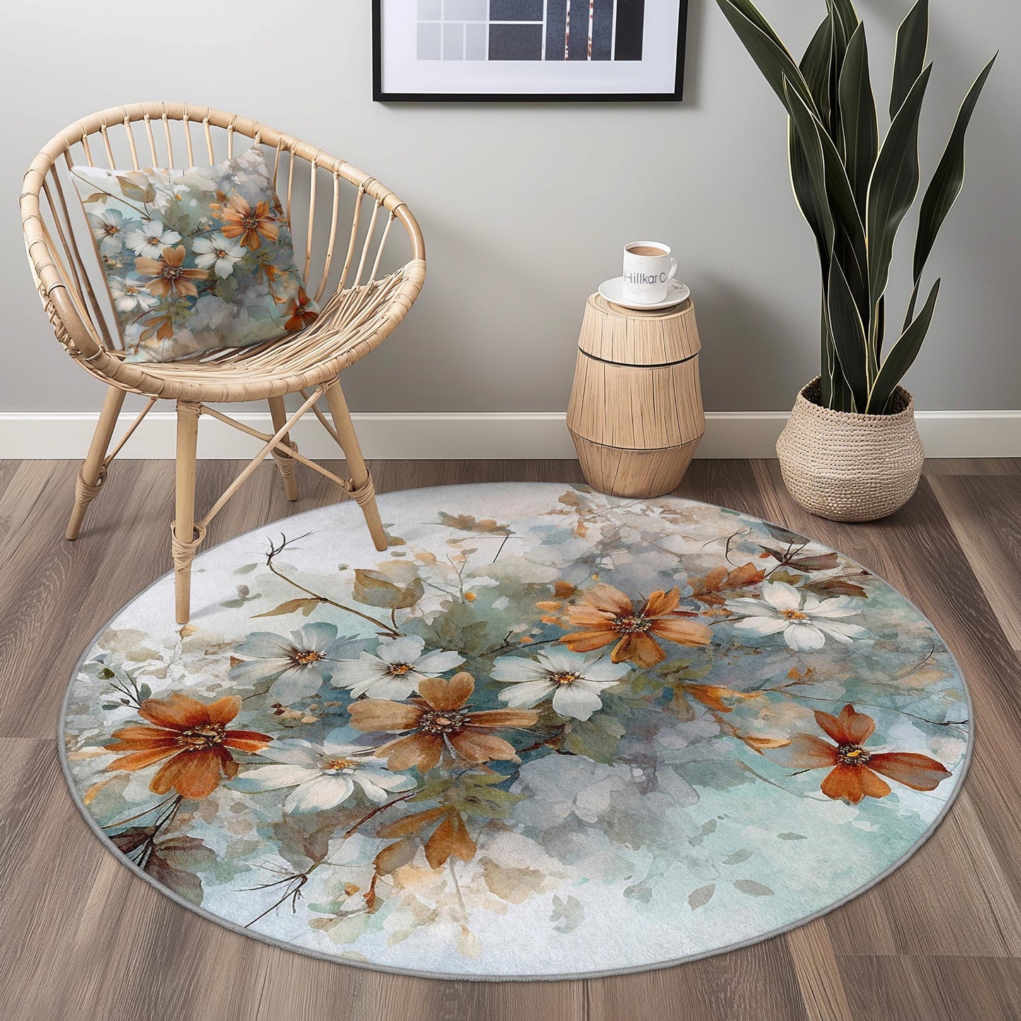 Runder Teppich mit abstraktem Blumenmuster, runder Teppich mit Blumenmuster, Teppich mit botanischem Design für Wohnzimmer, Schlafzimmer, Wohnbereich