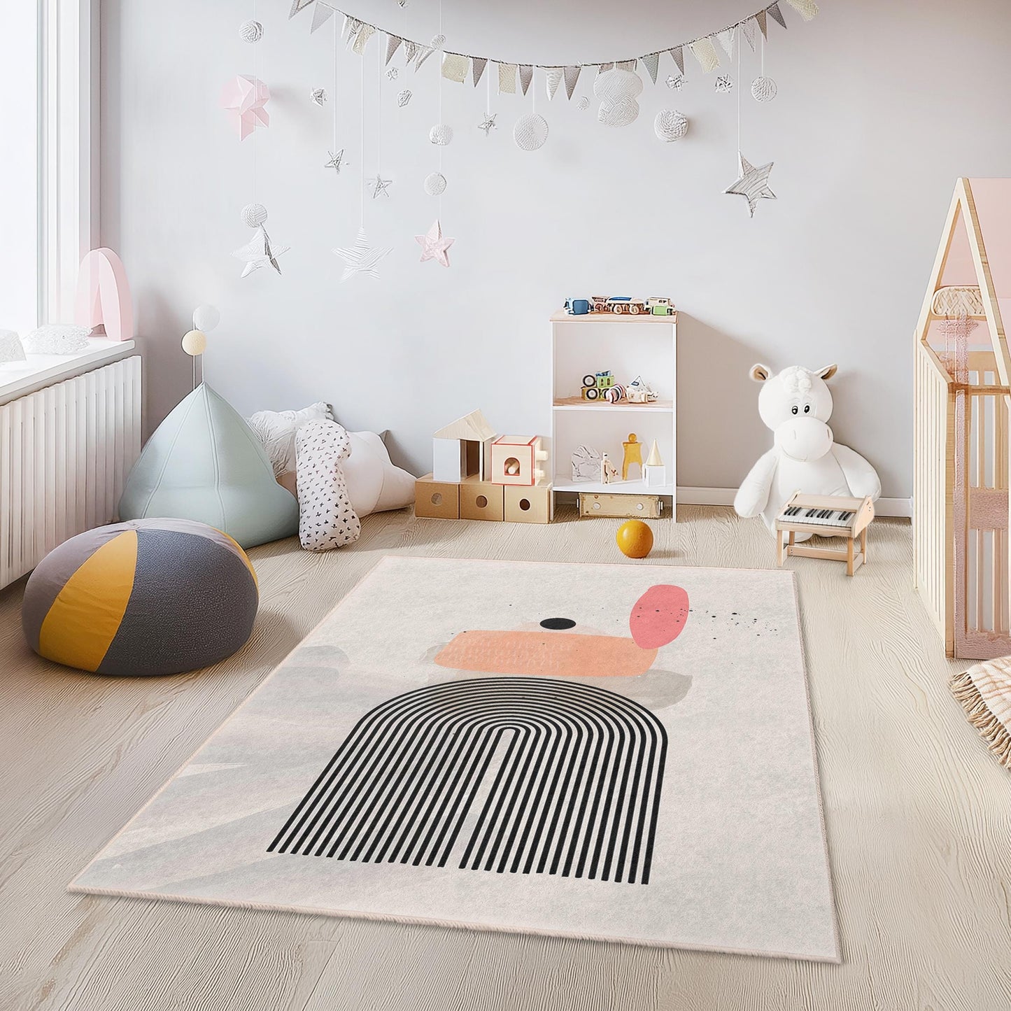 Modern Geometric Rectangular Kids Rug, Abstract Lines Design, Soft Play Carpet, Nursery Room Decor, Kids Room Flooring
