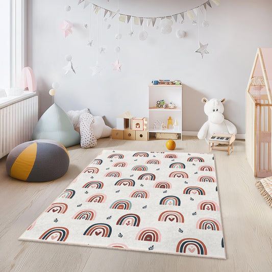 Rainbow Pattern Rectangular Kids Rug, Colorful Nursery Carpet, Playroom Decor, Soft Play Mat for Children, Kids Room Flooring
