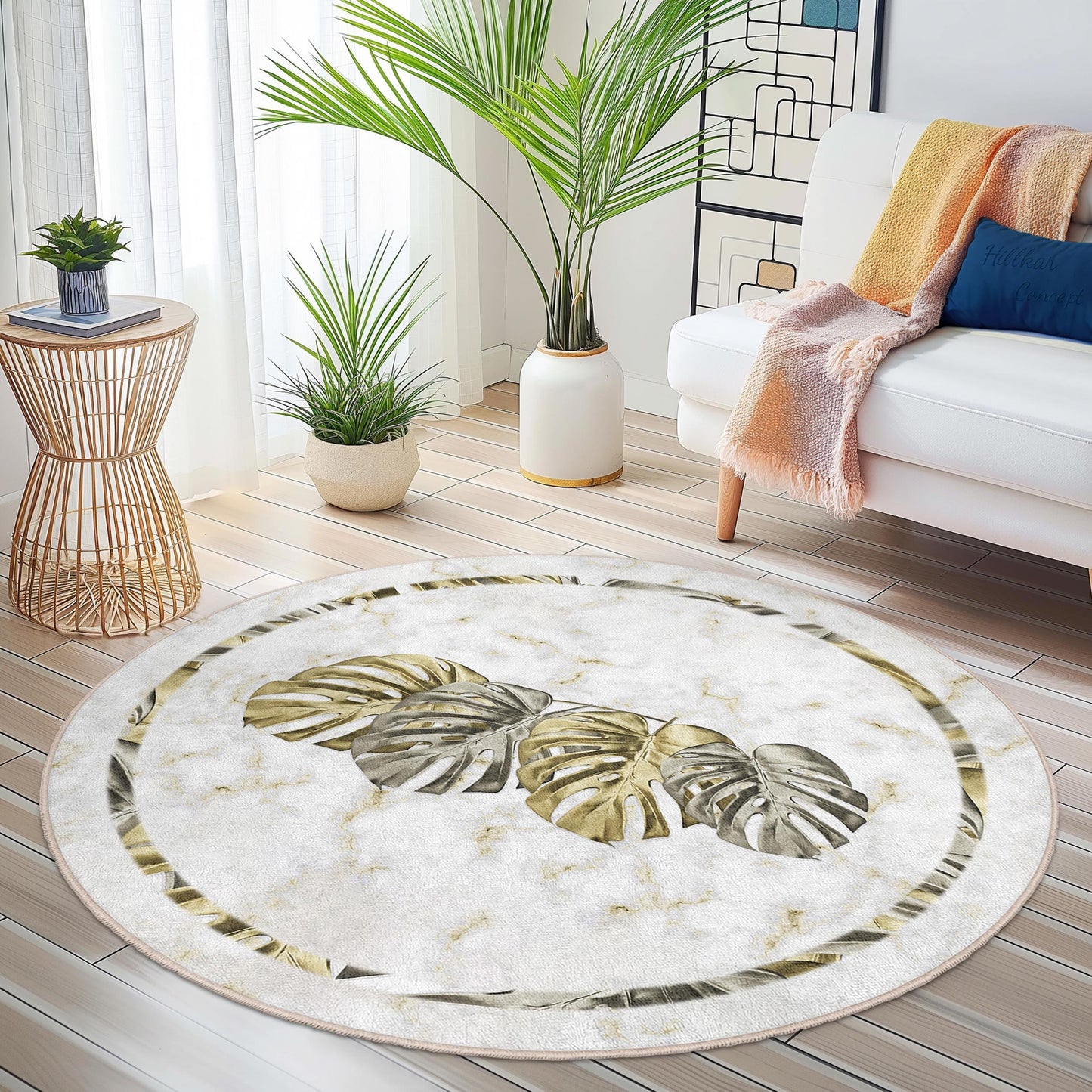 Eleganter runder Teppich mit Monstera-Blattmuster, tropische Pflanzendekoration, weicher runder Teppich fürs Wohnzimmer, Boho-Chic-Teppich, Wohnaccessoire