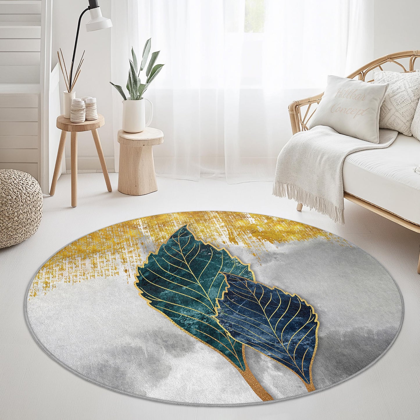 Eleganter runder Teppich mit Blattmuster, moderner runder Teppich mit botanischem Muster, Wohnzimmerdekoration, weicher runder Teppich, Wohnaccessoire