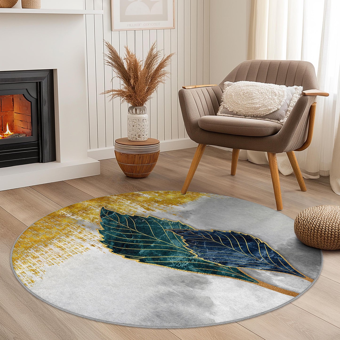 Eleganter runder Teppich mit Blattmuster, moderner runder Teppich mit botanischem Muster, Wohnzimmerdekoration, weicher runder Teppich, Wohnaccessoire