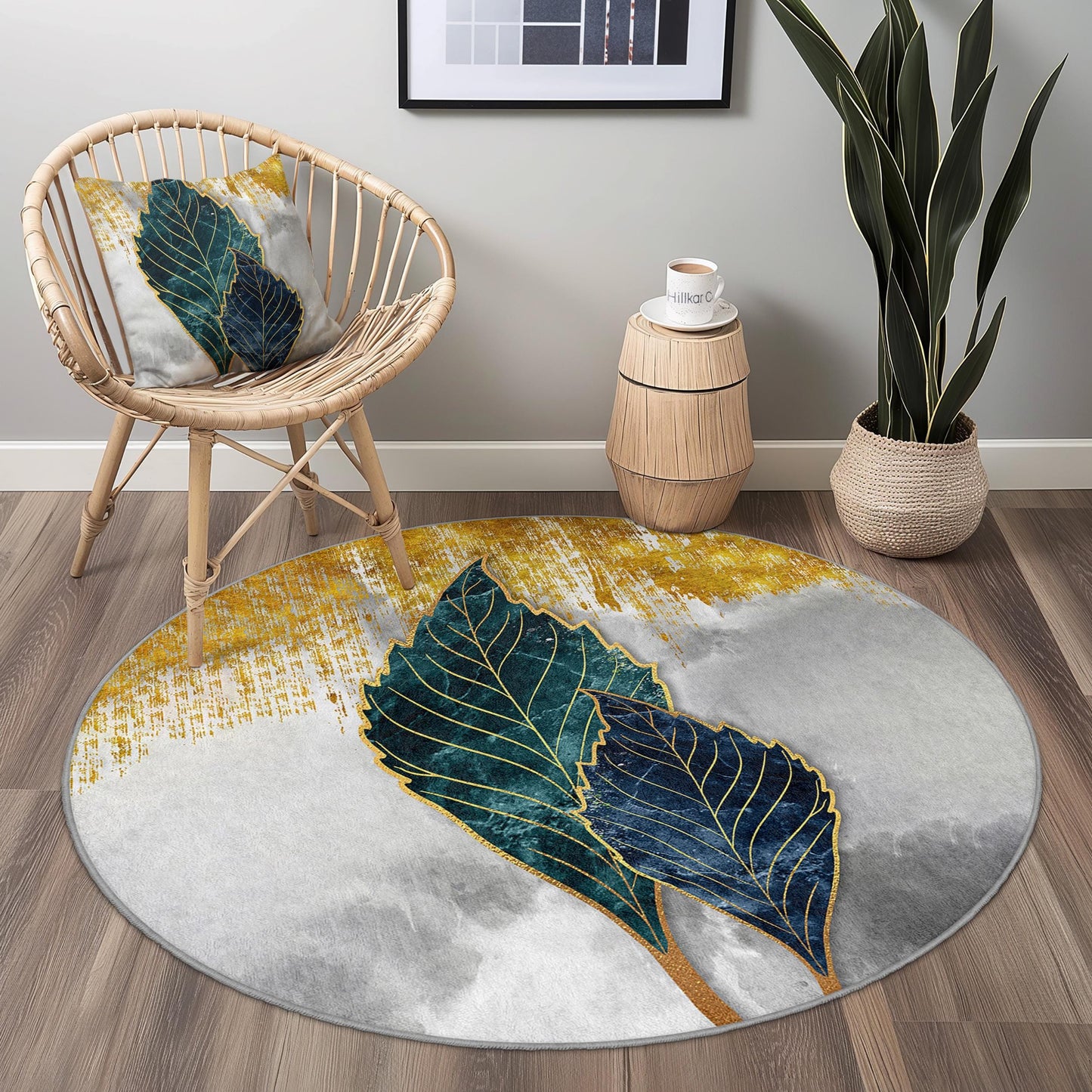 Eleganter runder Teppich mit Blattmuster, moderner runder Teppich mit botanischem Muster, Wohnzimmerdekoration, weicher runder Teppich, Wohnaccessoire
