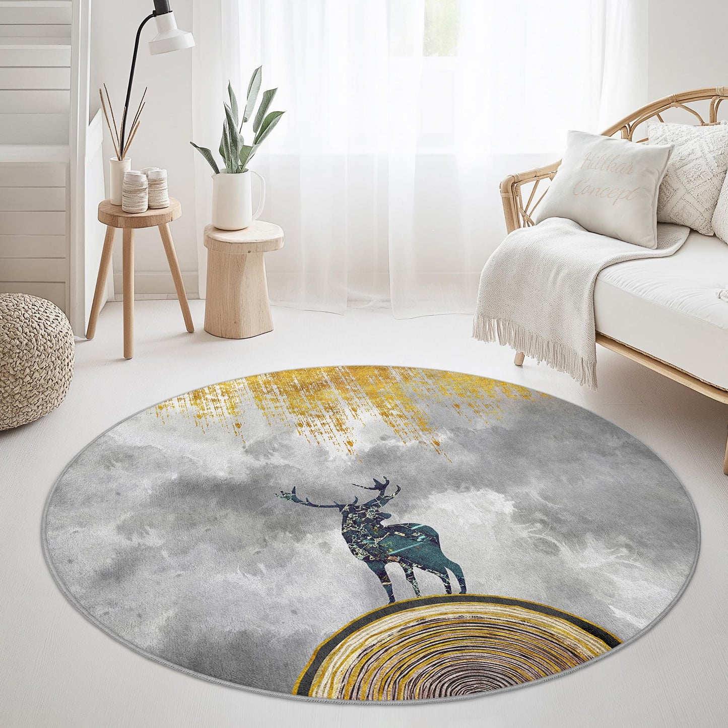 Runder Teppich mit majestätischem Hirschmotiv, von der Natur inspiriert, farbenfrohes Wildtierdekor, Wohnzimmerteppich, einzigartiges Wohnaccessoire