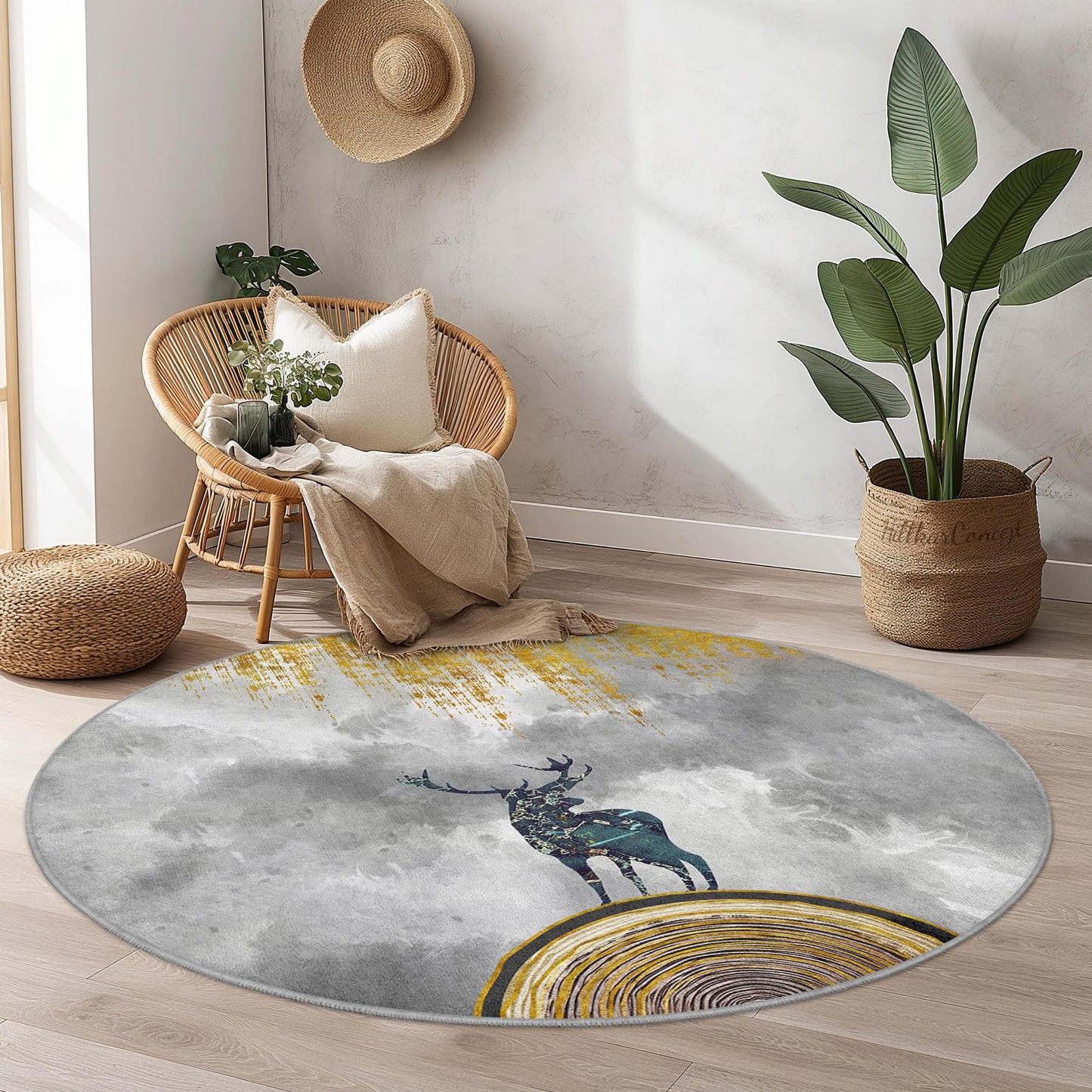Runder Teppich mit majestätischem Hirschmotiv, von der Natur inspiriert, farbenfrohes Wildtierdekor, Wohnzimmerteppich, einzigartiges Wohnaccessoire