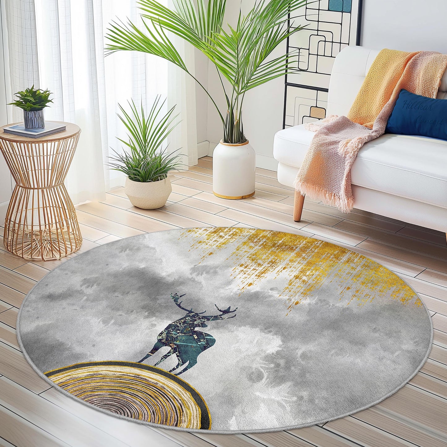 Runder Teppich mit majestätischem Hirschmotiv, von der Natur inspiriert, farbenfrohes Wildtierdekor, Wohnzimmerteppich, einzigartiges Wohnaccessoire