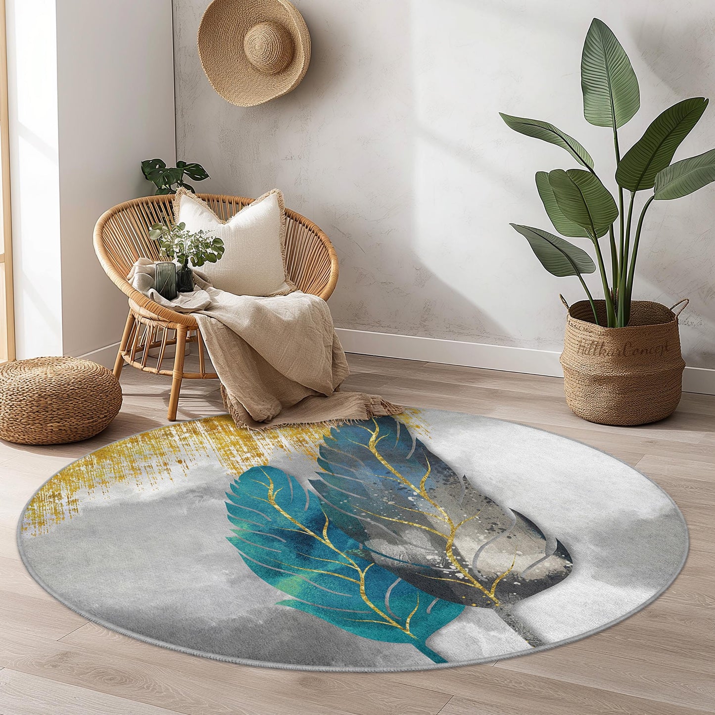 Eleganter runder Teppich mit Federmuster, runder Boho-Chic-Teppich, weicher Teppich mit Federdesign, Wohnzimmerdekoration, moderne runde Fußmatte