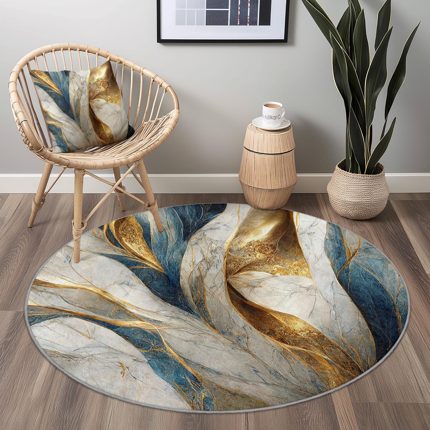Eleganter runder Teppich im Marmor-Design, luxuriöse Wohnaccessoires, weicher Plüschteppich, moderner Wohnzimmerteppich, stilvoller runder Teppich