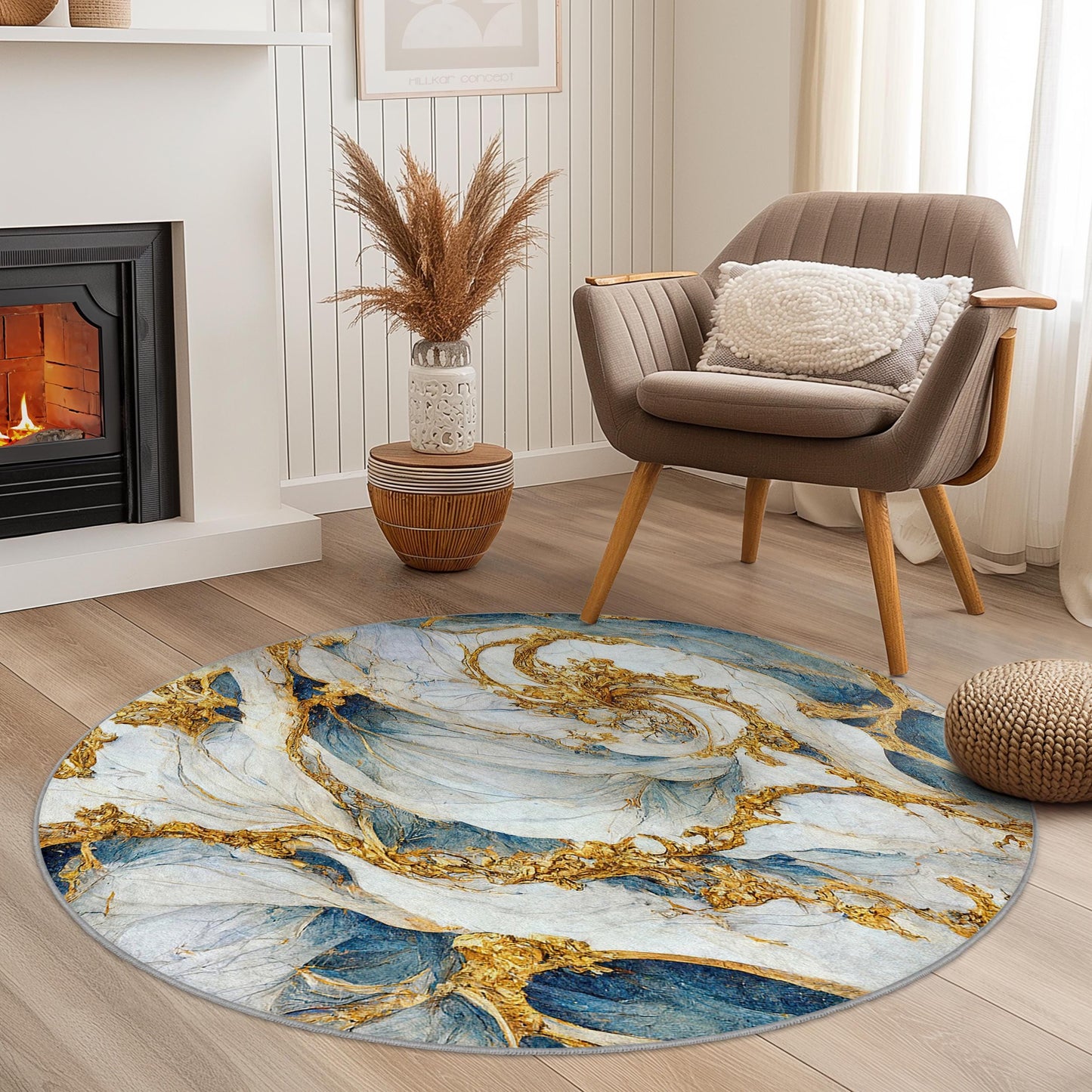 Eleganter runder Teppich mit blau-goldenem Wirbelmuster, kunstvoller runder Teppich für das Wohnzimmer, einzigartige Wohndekoration, luxuriöser runder Teppich