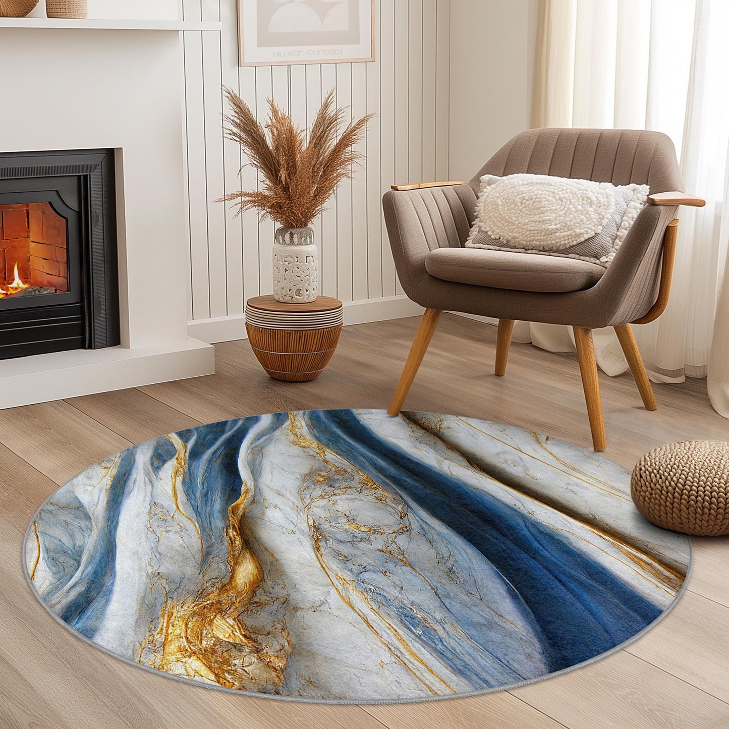 Eleganter runder Teppich in Blau und Gold, luxuriöser Teppich im Marmor-Design, weicher runder Teppich für Wohnzimmer, Schlafzimmer und andere Wohnräume