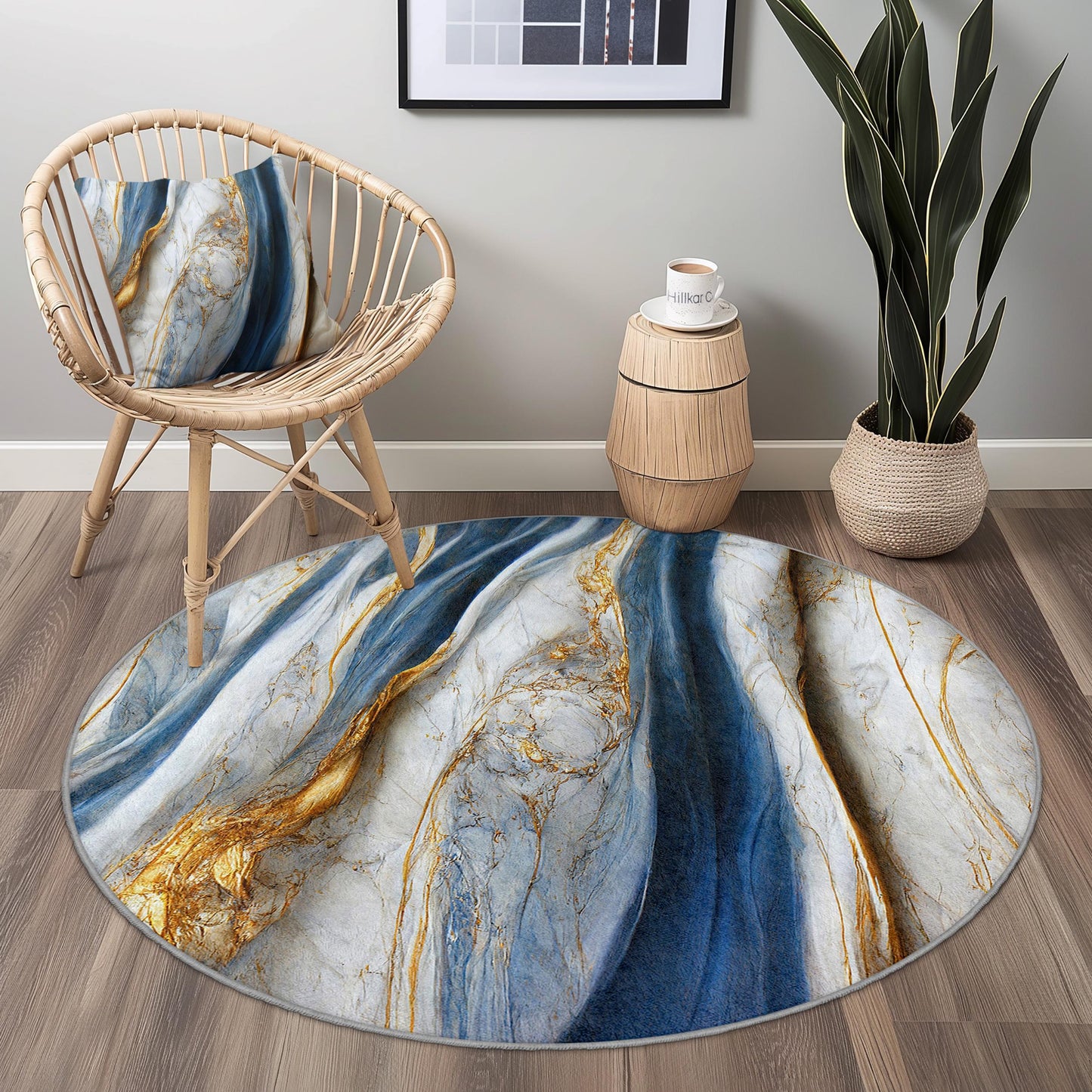 Eleganter runder Teppich in Blau und Gold, luxuriöser Teppich im Marmor-Design, weicher runder Teppich für Wohnzimmer, Schlafzimmer und andere Wohnräume