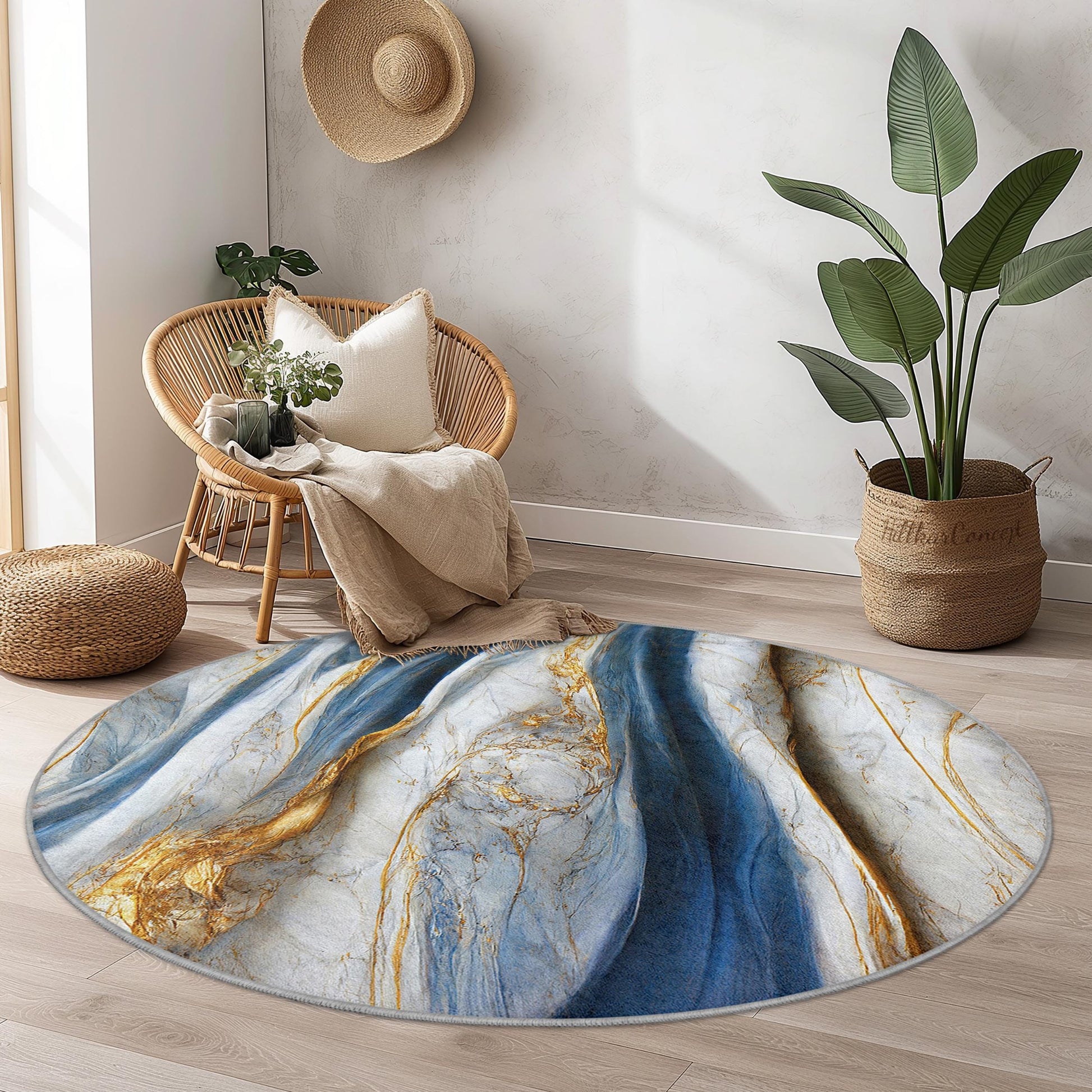 Elegant Blue and Gold Round Area Rug, Luxury Marble Design Rug, Soft Round Carpet for Living Room, Bedroom, Home Decor