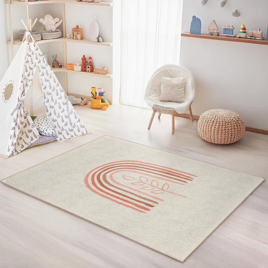 Rainbow and Leaf Pattern Rectangular Kids Rug, Nursery Decor, Soft and Cozy Playroom Carpet, Children's Room Rug, Playmat for Kids