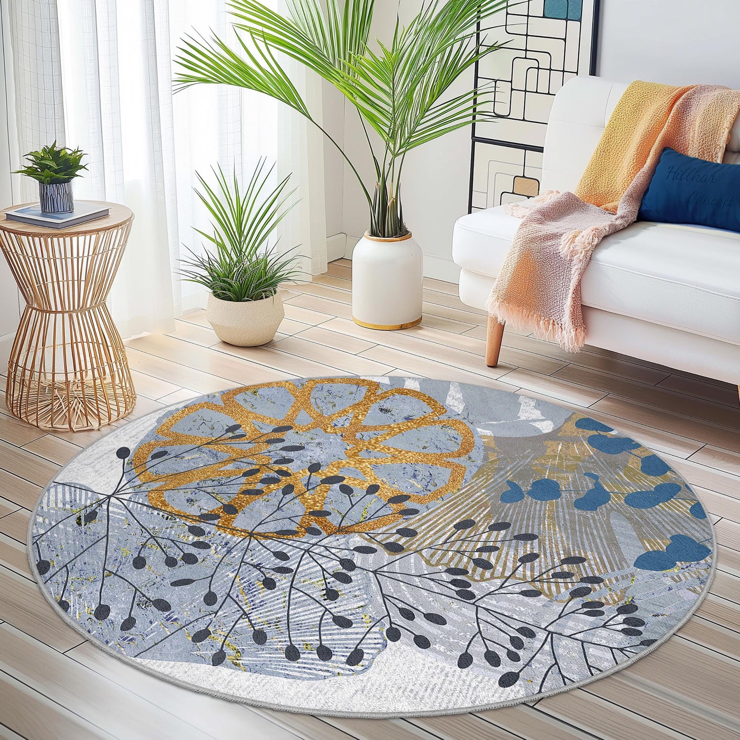 Runder Teppich mit floralem Muster, eleganter runder Teppich für das Wohnzimmer, modernes botanisches Design, weicher runder Teppich für die Wohnkultur