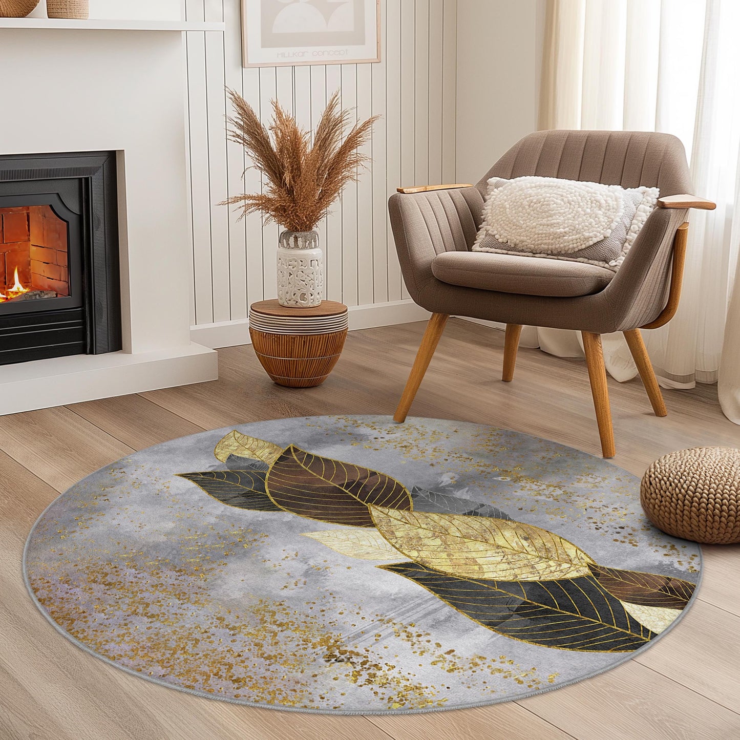 Eleganter runder Teppich mit Blattgoldmuster, moderner runder Teppich, Teppich mit Blattmuster für das Wohnzimmer, gemütliche runde Wohndekoration, luxuriöser runder Teppich