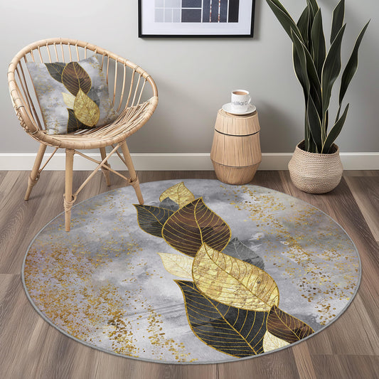 Elegant Gold Leaf Round Area Rug, Modern Round Carpet, Leaf Design Rug for Living Room, Cozy Round Home Decor, Luxury Round Rug