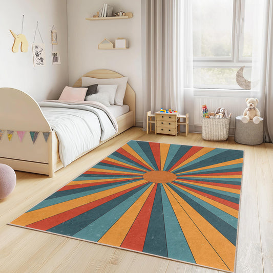 Colorful Retro Rays Kids Rectangle Rug, Sunburst Design Carpet, Playroom Decor, Child's Bedroom Rug, Soft and Cozy Area Rug