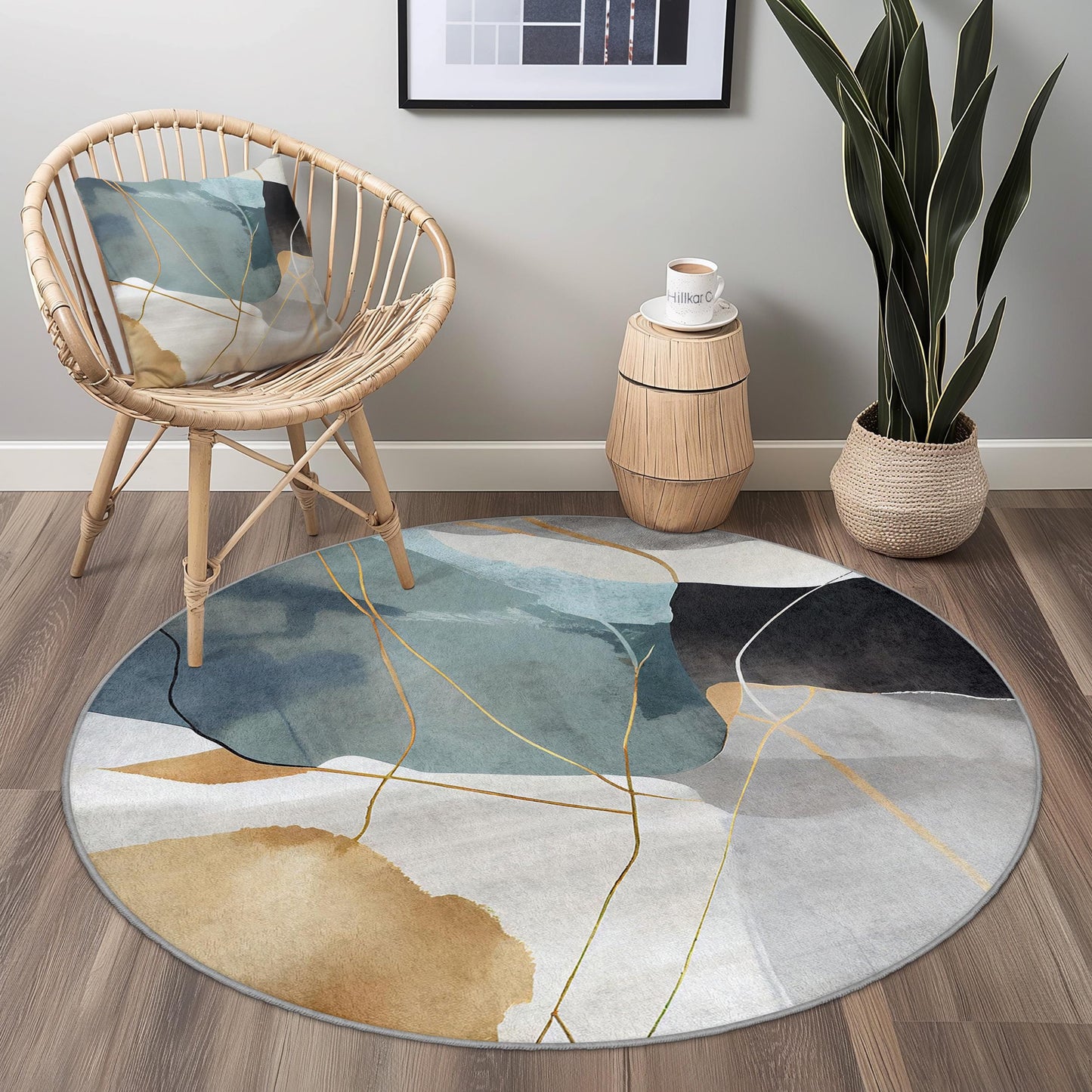 Abstrakter geometrischer runder Teppich, moderner runder Teppich, künstlerischer runder Teppich für das Wohnzimmer, stilvolle Wohndekoration, weiche runde Matte