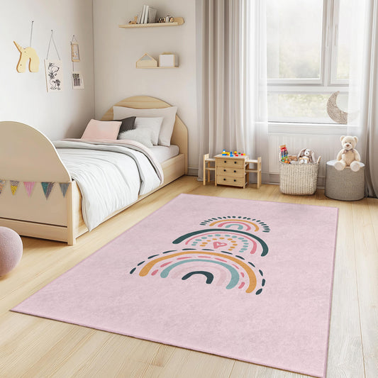Rainbow Pattern Kids Rectangular Rug, Colorful Nursery Carpet, Playroom Decor, Soft Area Rug for Children, Pastel Rainbow Rug
