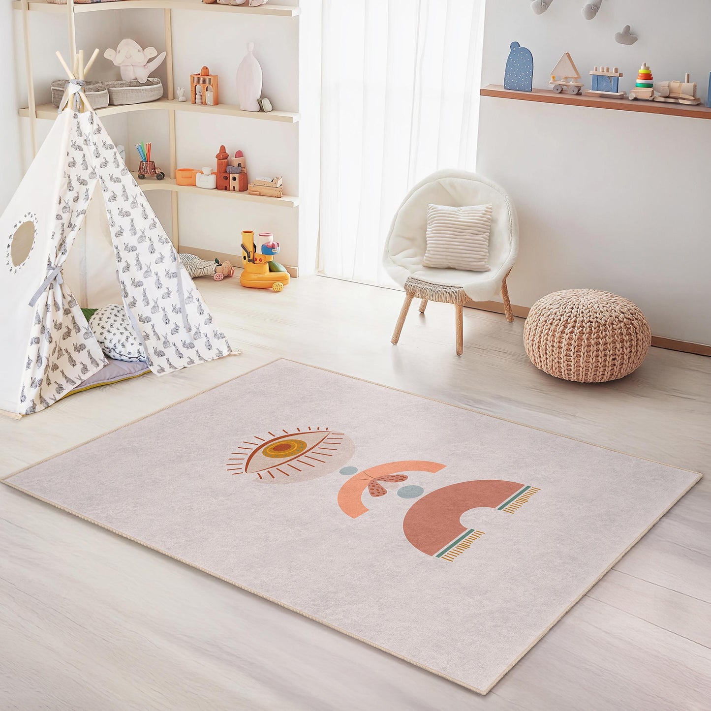 Geometric Eye Design Rectangular Kids Rug, Modern Nursery Carpet, Playroom Decor, Soft Childrens Rug, Trendy Nursery Mat