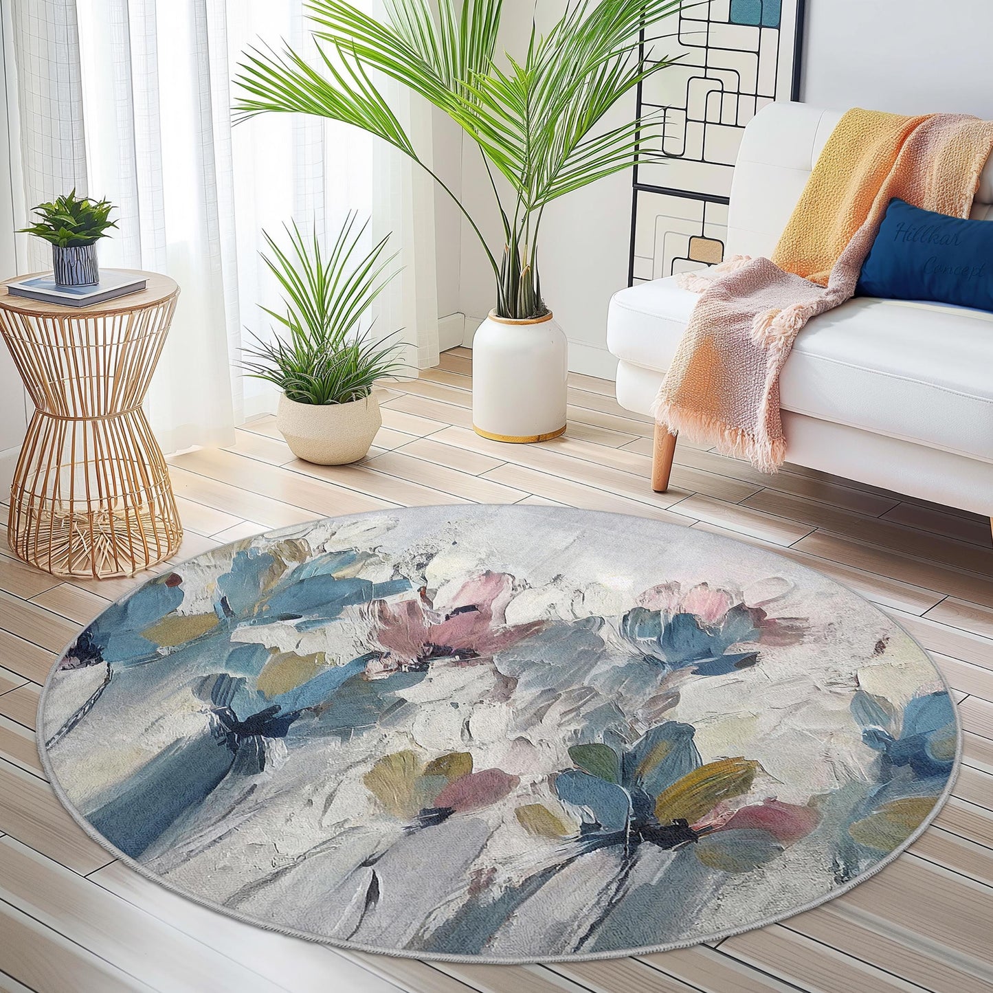 Runder Teppich „Floral Bliss“, eleganter Teppich mit Blumenmuster, weicher runder Teppich für Wohnzimmer, Schlafzimmer und Kinderzimmer