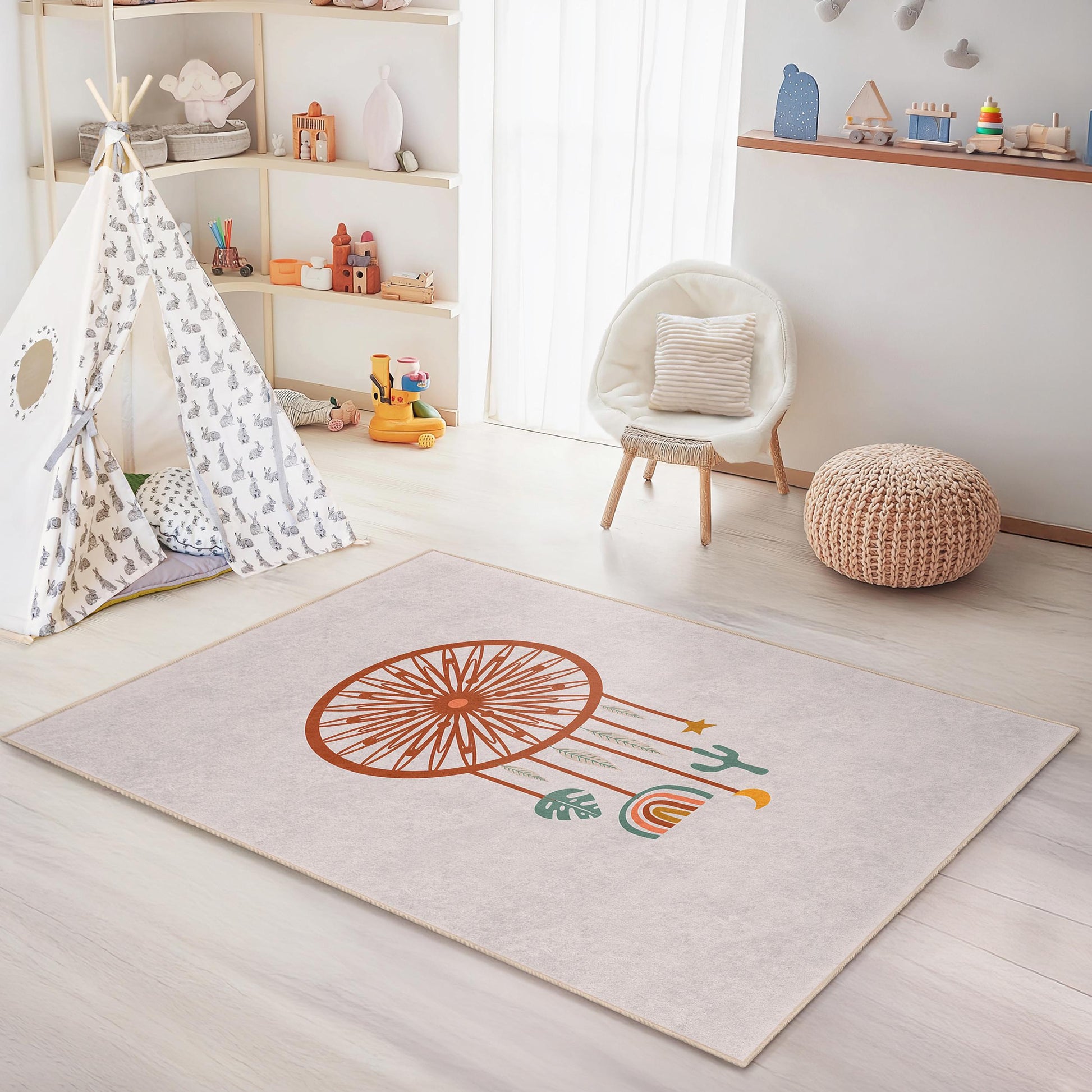 Dreamcatcher Pattern Rectangle Kids Rug, Boho Style Playroom Carpet, Nursery Decor, Unique Children's Room Rug