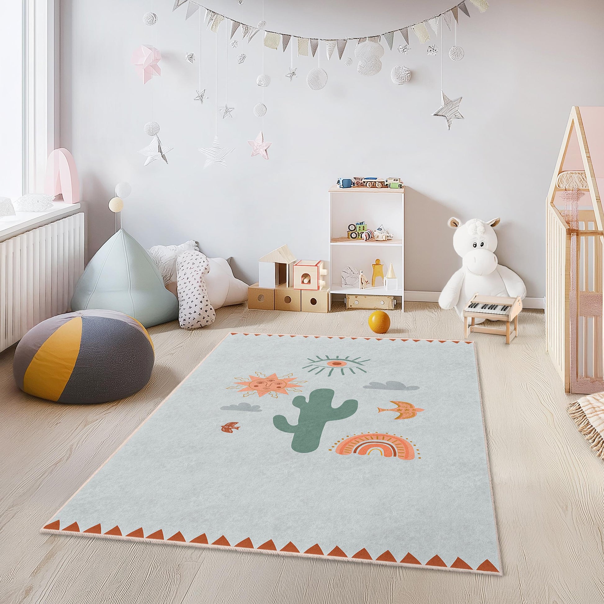Sunny Desert Themed Kids Rug, Rectangle Rug for Children's Room, Playroom Decor, Boho Style Area Rug, Vibrant Kids Carpet