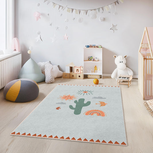 Sunny Desert Themed Kids Rug, Rectangle Rug for Children's Room, Playroom Decor, Boho Style Area Rug, Vibrant Kids Carpet
