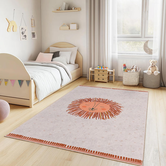 Cute Lion Design Kids Room Rectangular Rug, Playful Nursery Carpet, Soft Children's Area Rug for Playroom, Animal Theme Decor