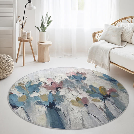 Floral Bliss Round Area Rug, Elegant Flower Design Carpet, Soft Round Rug for Living Room, Bedroom, and Nursery Decor