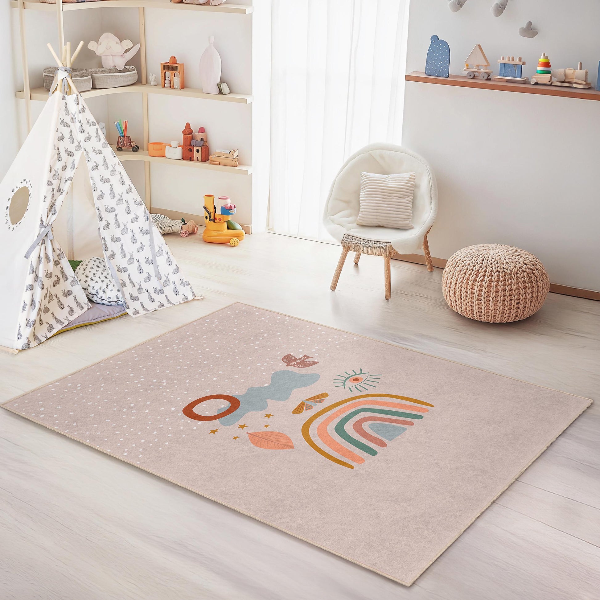 Rainbow and Nature Themed Kids Rectangular Rug, Colorful Playroom Decor, Soft Nursery Carpet, Childrens Room Rug, Unique Kids Rug