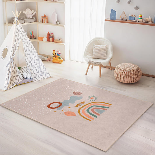 Rainbow and Nature Themed Kids Rectangular Rug, Colorful Playroom Decor, Soft Nursery Carpet, Childrens Room Rug, Unique Kids Rug