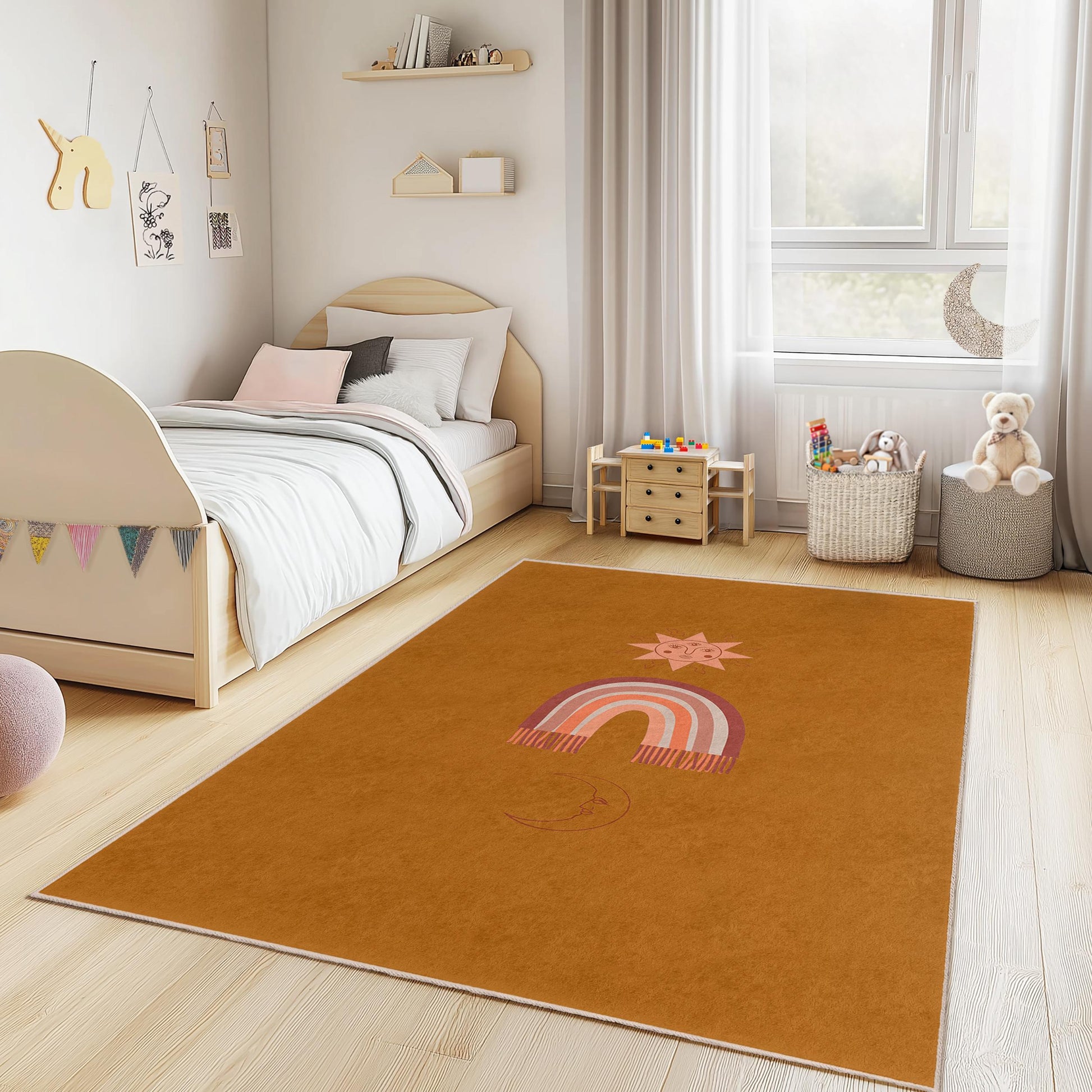 Sun and Rainbow Kids Rug, Boho Decorative Rug, Rectangle Area Rug for Children's Room, Playroom Decor, Nursery Carpet