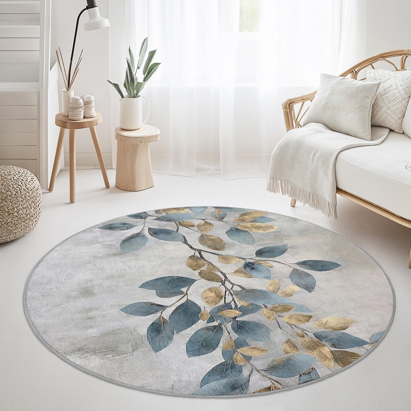 Eleganter runder Teppich mit Blattmuster, floraler runder Teppich, weicher Wohnzimmerteppich, moderne Wohndekoration, von der Natur inspirierter runder Teppich