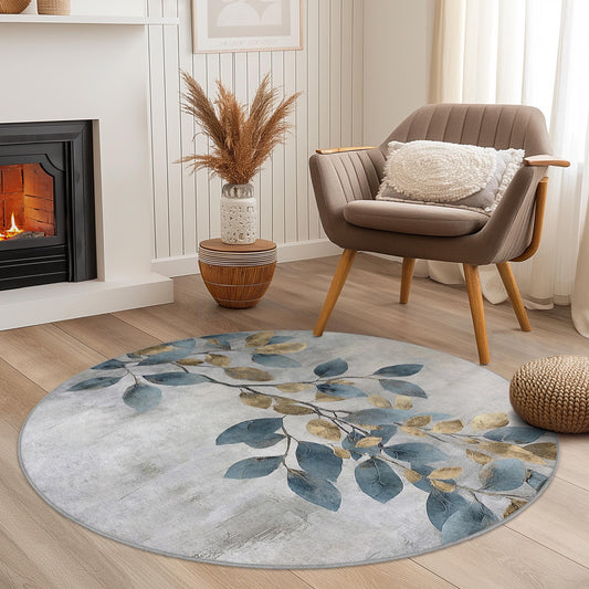 Elegant Round Leaf Pattern Area Rug, Floral Round Carpet, Soft Living Room Rug, Modern Home Decor, Nature Inspired Round Rug