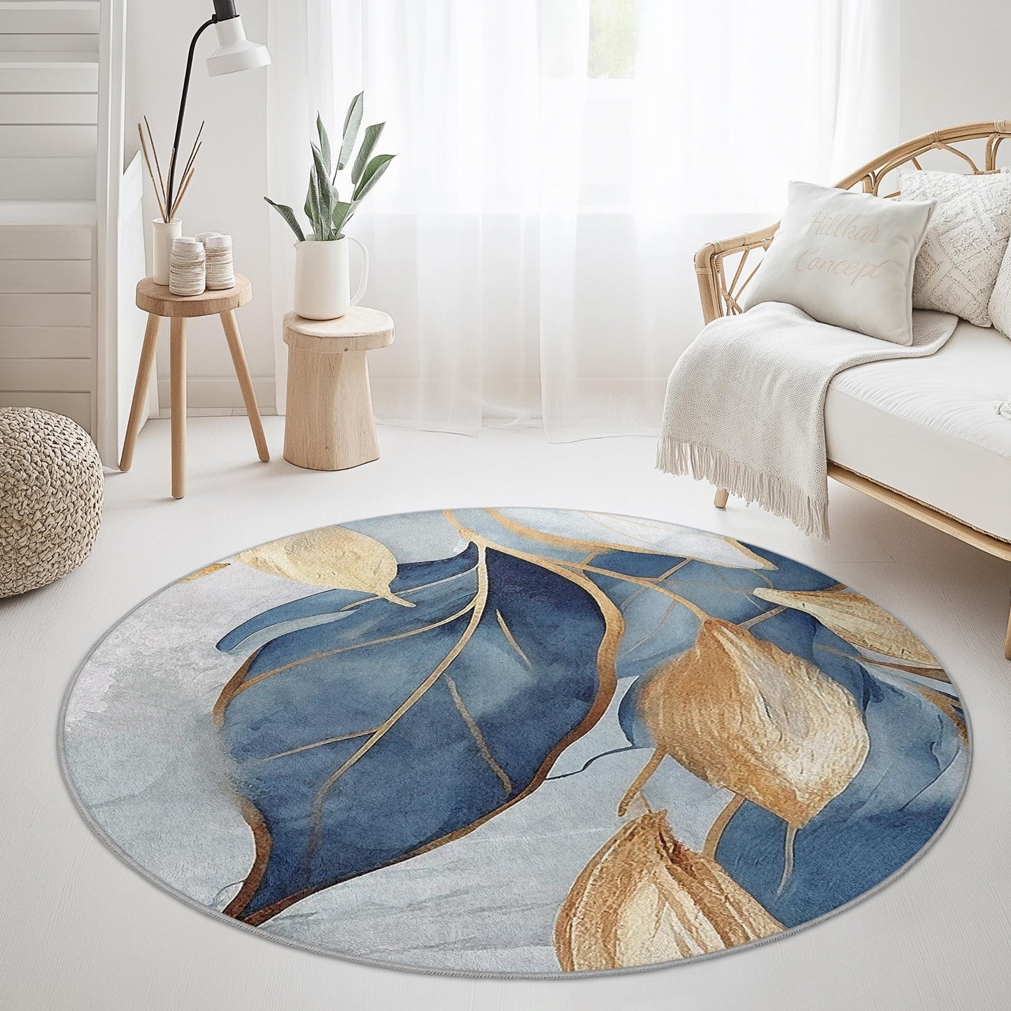 Eleganter runder Teppich mit blauen und goldenen Blättern, moderner runder Teppich mit Blumenmuster, stilvolle Wohndekoration, Wohnzimmerteppich, Schlafzimmerteppich