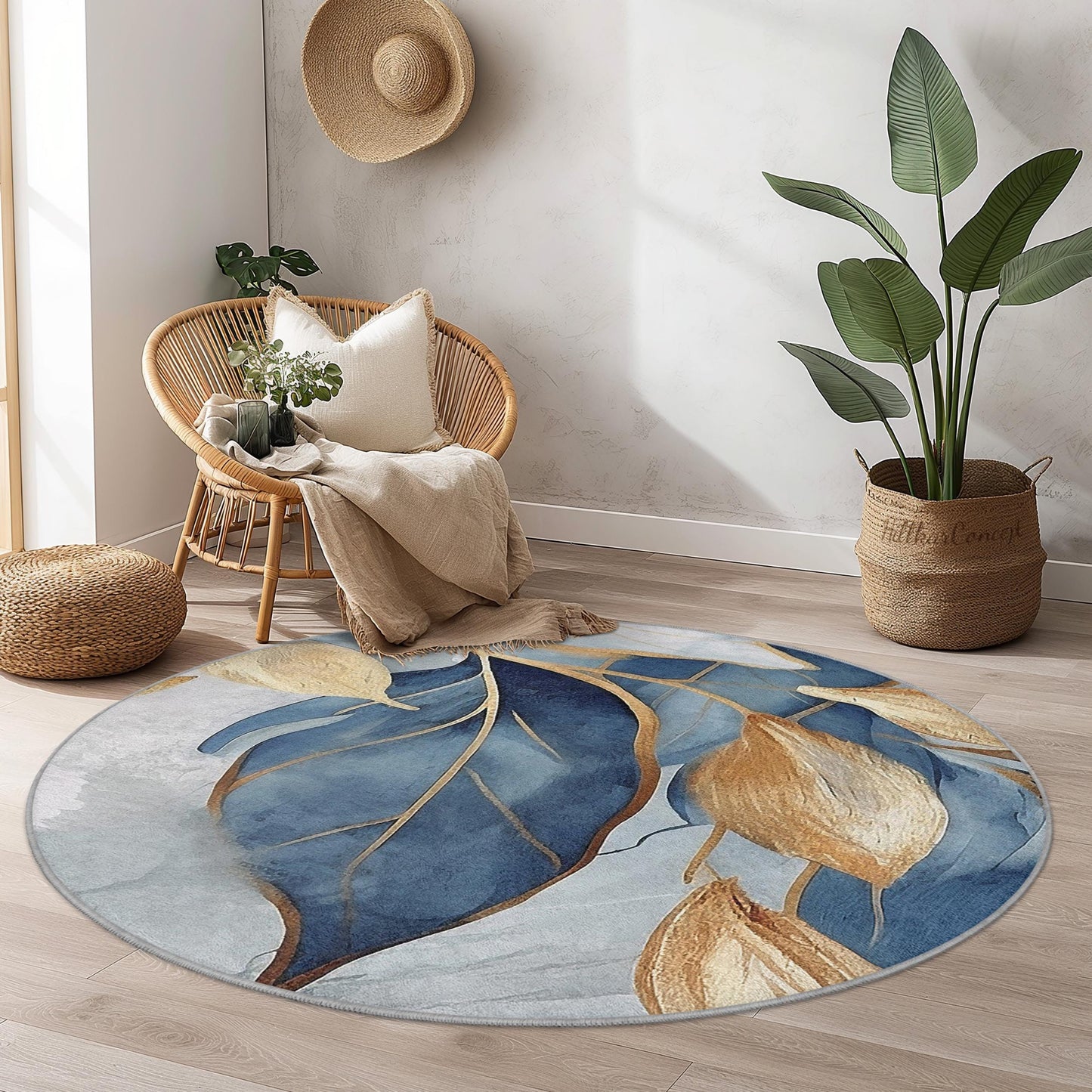 Eleganter runder Teppich mit blauen und goldenen Blättern, moderner runder Teppich mit Blumenmuster, stilvolle Wohndekoration, Wohnzimmerteppich, Schlafzimmerteppich