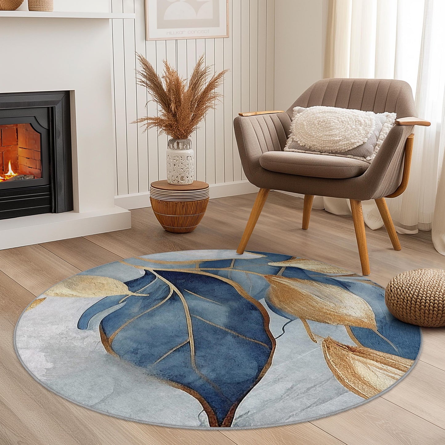 Eleganter runder Teppich mit blauen und goldenen Blättern, moderner runder Teppich mit Blumenmuster, stilvolle Wohndekoration, Wohnzimmerteppich, Schlafzimmerteppich