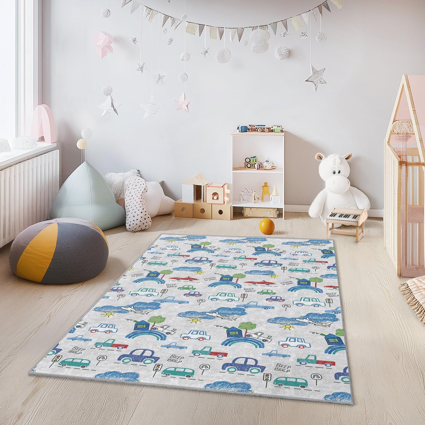Colorful Car Adventure Rug, Kids Room Carpet, Rectangular Play Mat, Vehicle Theme Rug, Childrens Decor, Fun Kids Rug