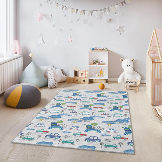 Colorful Car Adventure Rug, Kids Room Carpet, Rectangular Play Mat, Vehicle Theme Rug, Childrens Decor, Fun Kids Rug