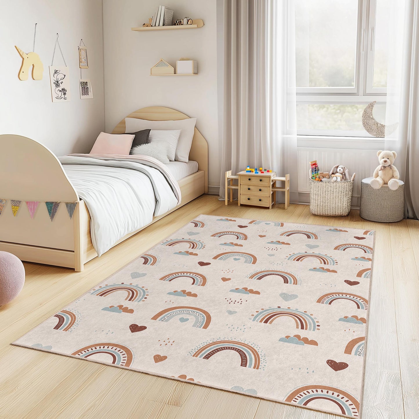 Rainbow Pattern Rectangular Kids Rug, Pastel Rainbow Nursery Carpet, Cute Playroom Rug, Soft Kids Room Decor, Children's Area Rug